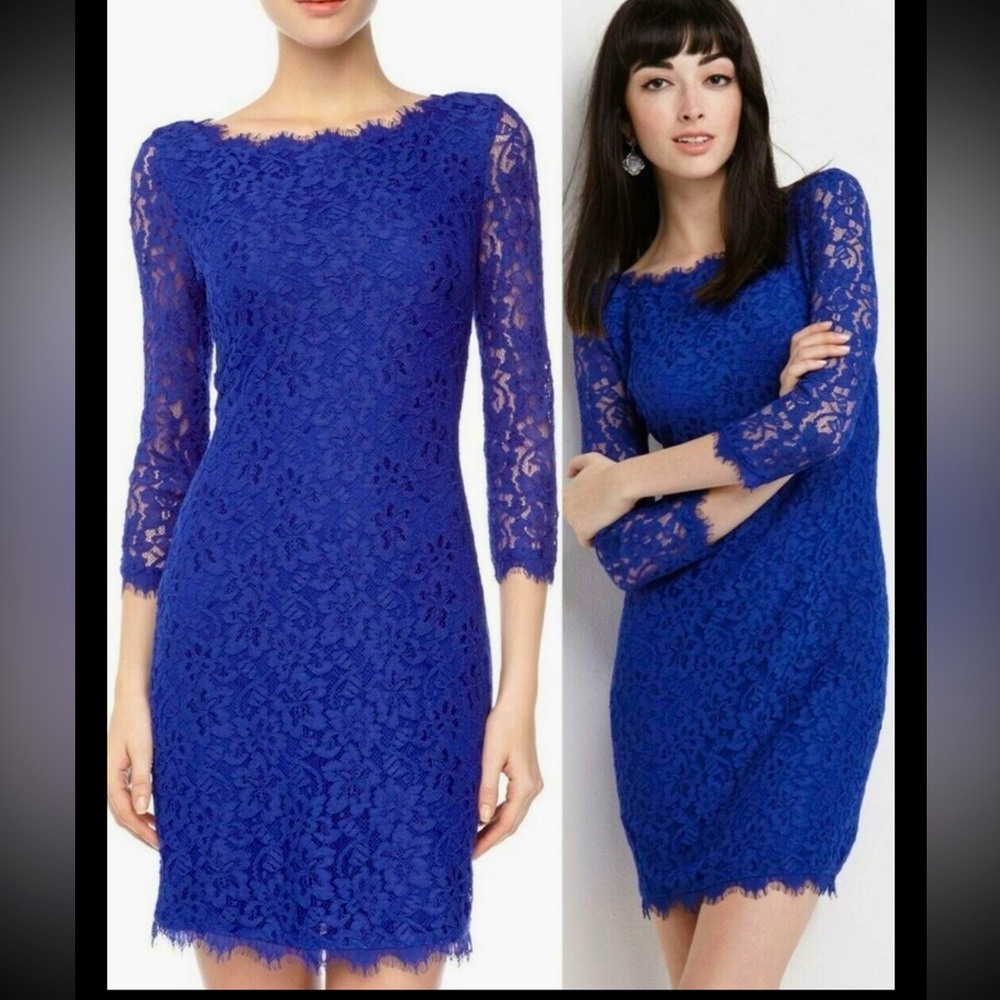 Diane Von Furstenberg Zarita Dress Blue lace Overlay 3/4 Sleeves Size 8